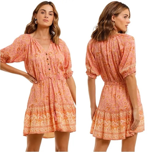 Spell & The Gypsy Dress Sundown Playdress in Apricot Mini Floral Orange Pink S